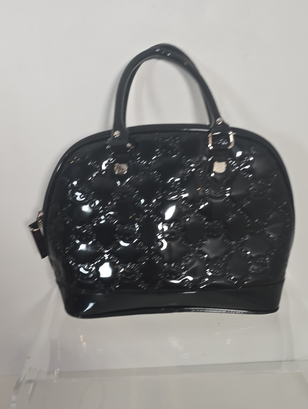 LOUNGEFLY LOVES HELLO KITTY Black Patent Quilted Dome Satchel Handbag